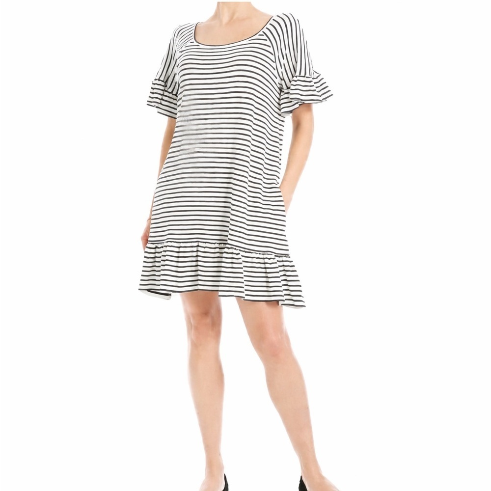 Max Studio Black and White Striped Ruffle Short Sleeve Shift Dress - Picture 2 of 5